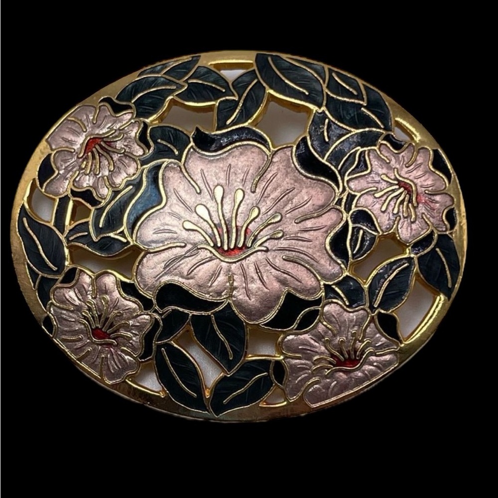 Vintage Cloisonné a pink and Black Enamel Oval Brooch by Fish and Crown